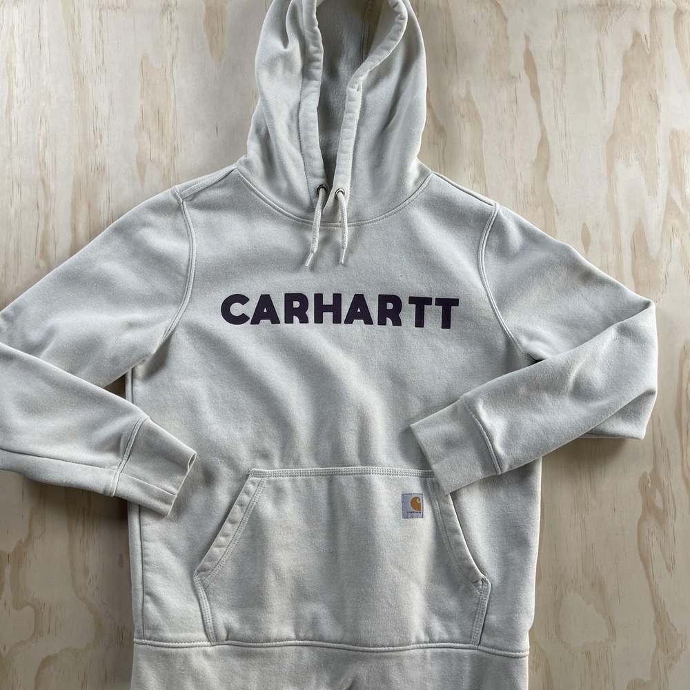 Carhartt Hoodie Women's Medium White Logo Fleece Pullover Sweatshirt Relaxed Fit